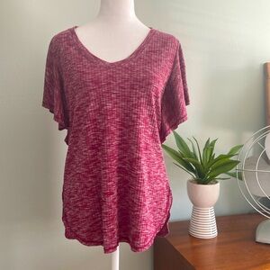 Bobeau Marled Burgundy/White  Relaxed Fit Flutter Sleeve Tee High Low He…